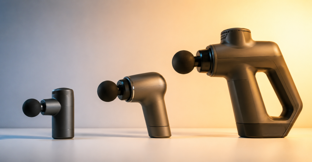 Comparação de massageador elétrico leve em punho neutro versus modelo pesado com punho em posição forçada