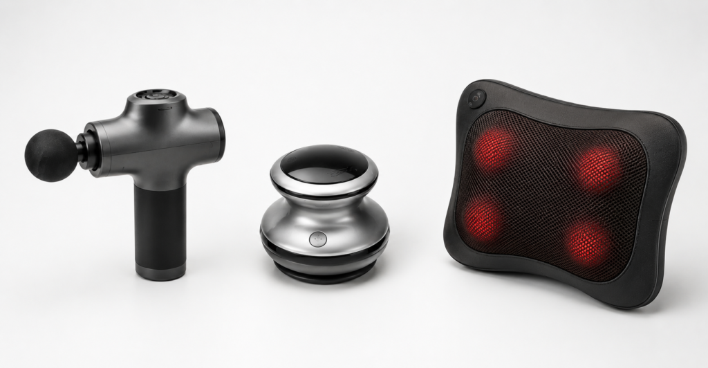 Três formatos de massageador elétrico em linha: pistola de percussão, orbital portátil e almofada de costas