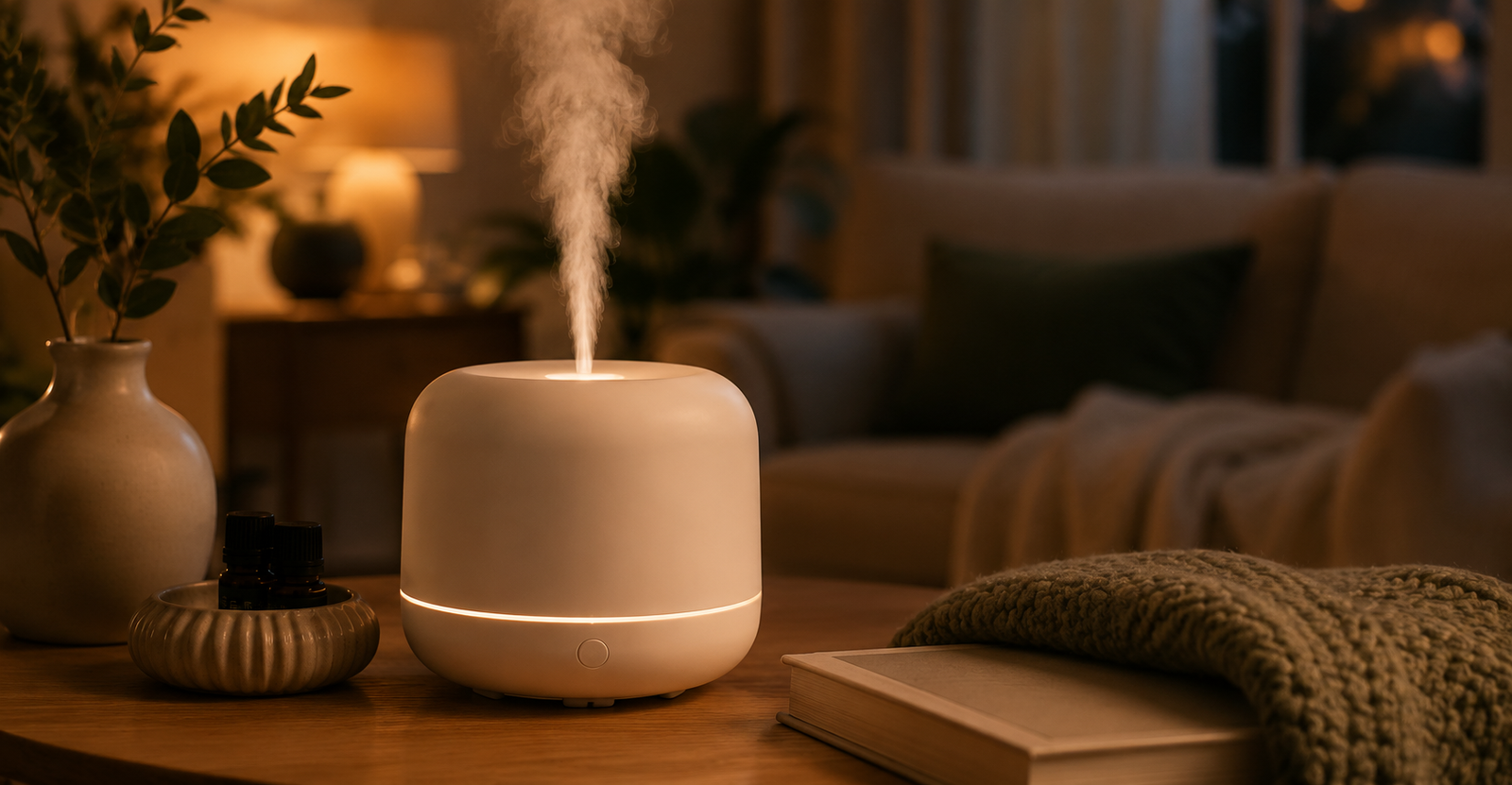 Difusor de óleos essenciais ligado em ambiente doméstico relaxante à noite