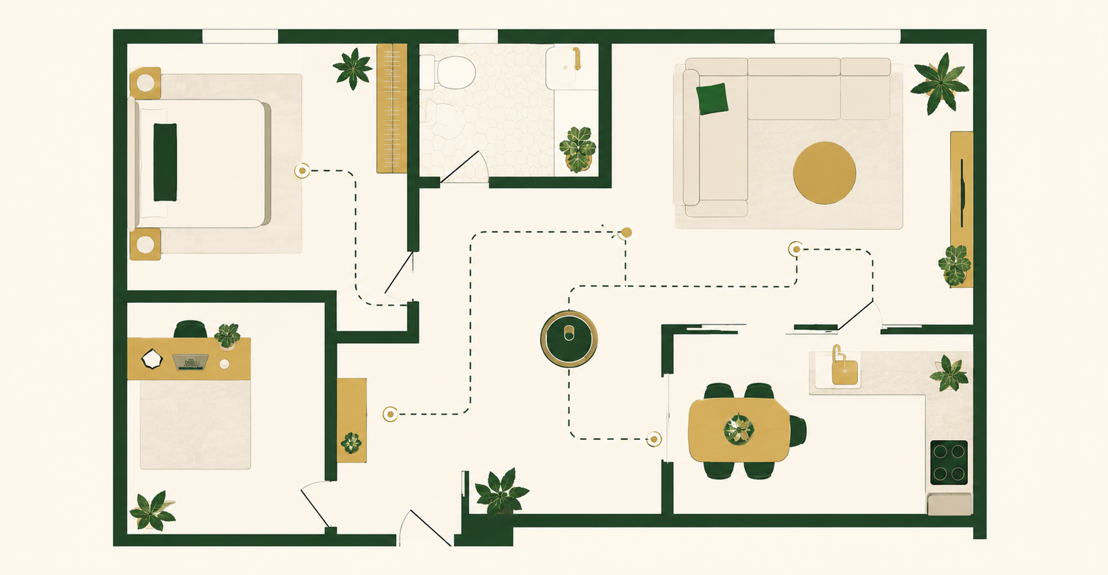 Ilustração de planta baixa com robô aspirador mapeando os cômodos da casa
