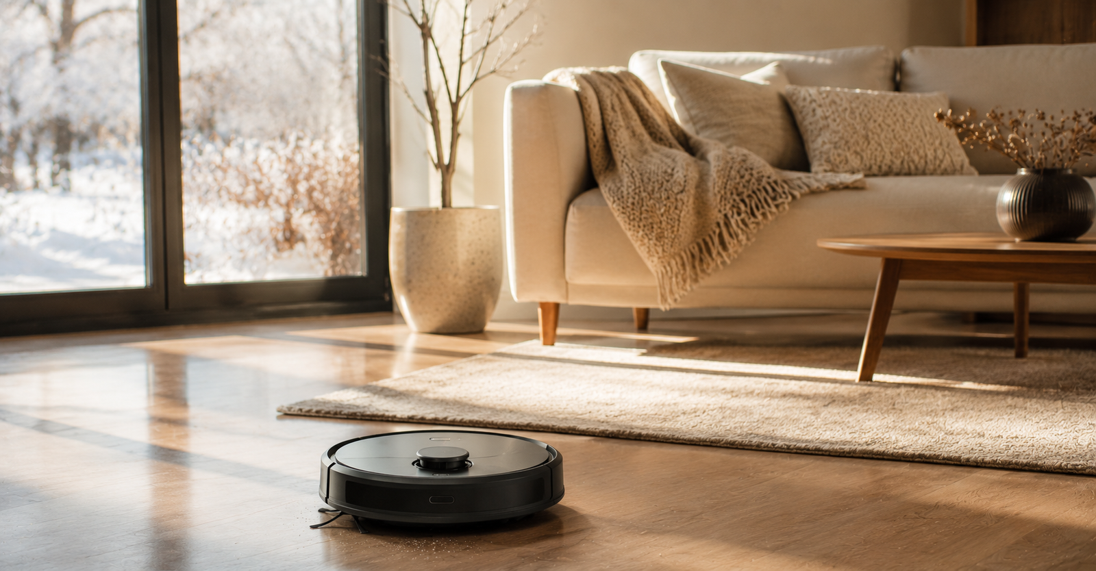 Robô aspirador realizando limpeza automática em ambiente residencial durante o inverno